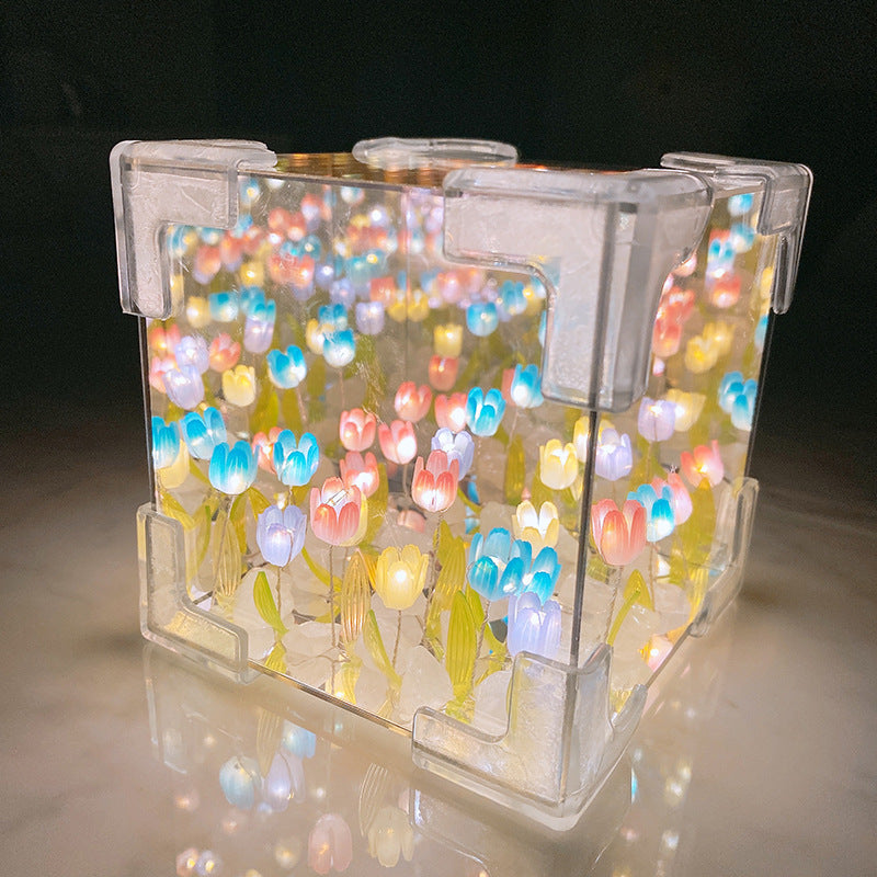 Handmade DIY tulip flower night light glowing on vanity