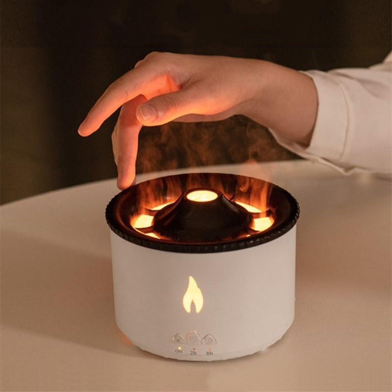 3D volcano humidifier releasing mist and glowing light