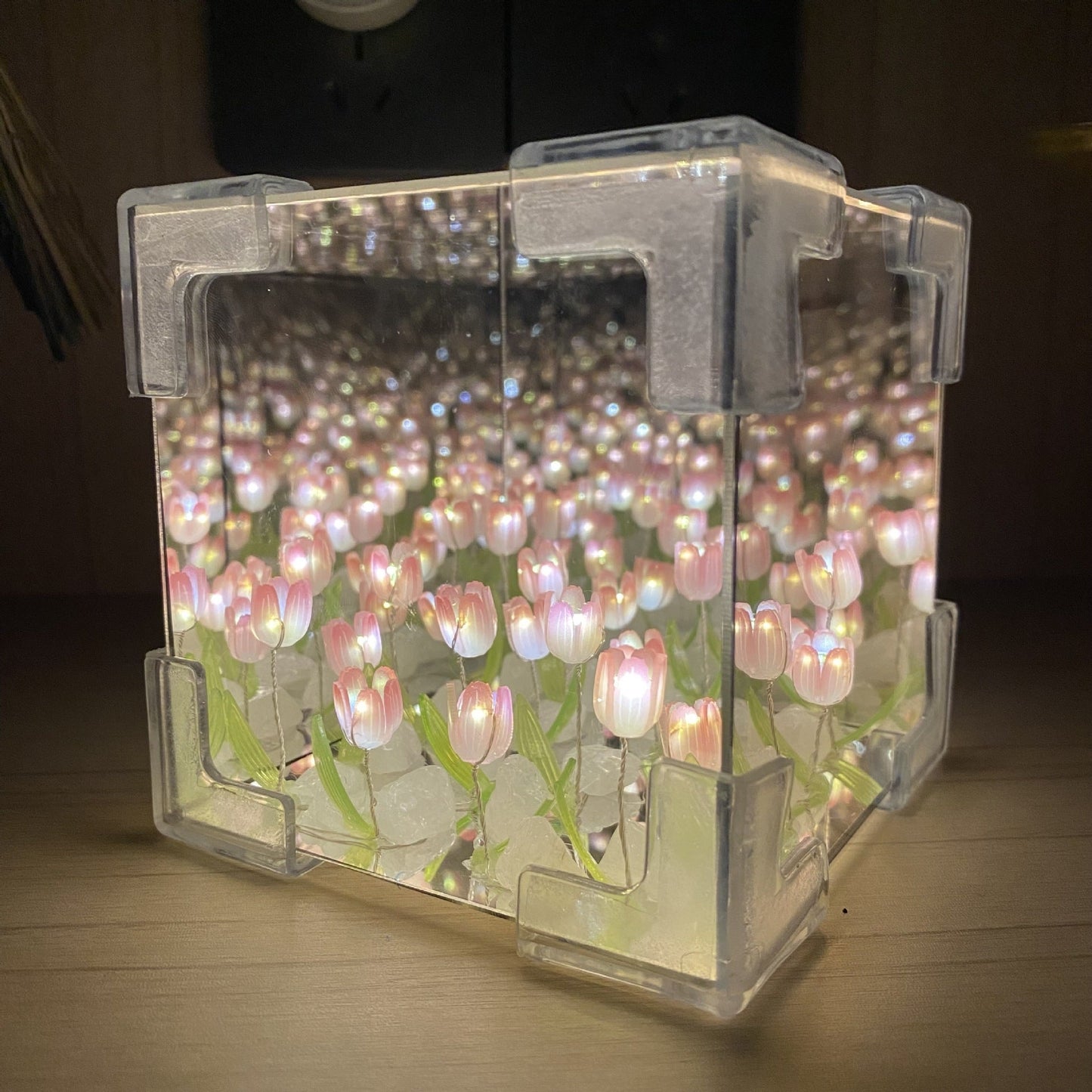 Handmade DIY tulip flower night light glowing on vanity