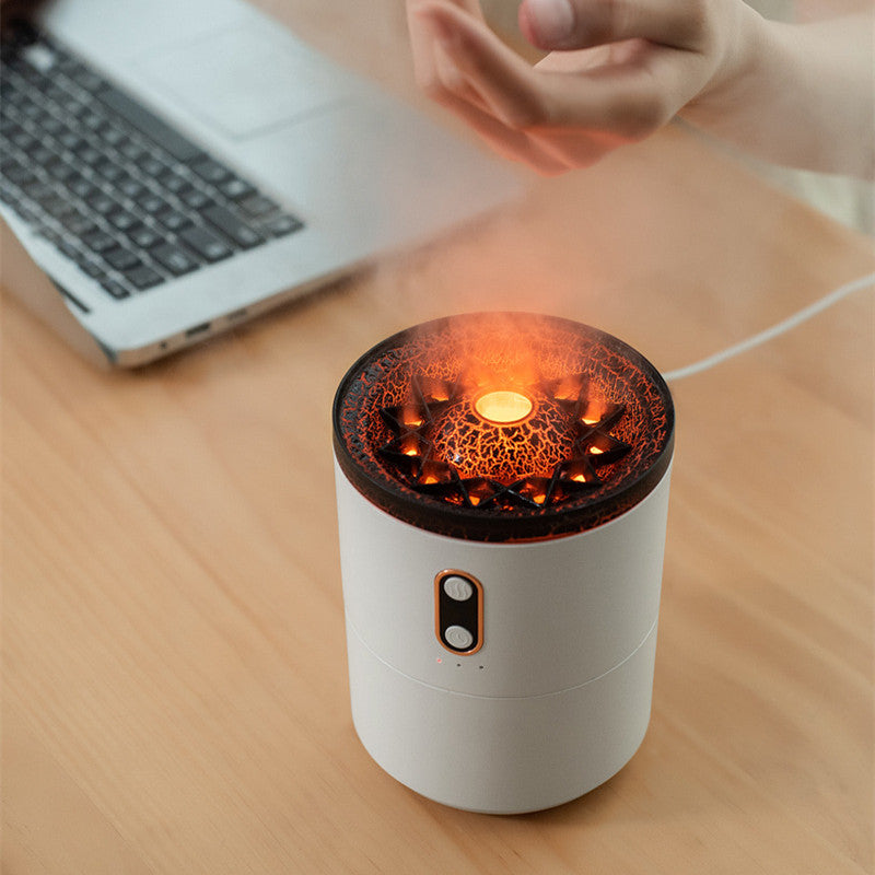 3D volcano humidifier releasing mist and glowing light