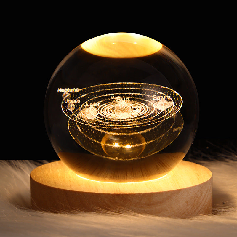 Moon and planet night light glowing inside crystal sphere